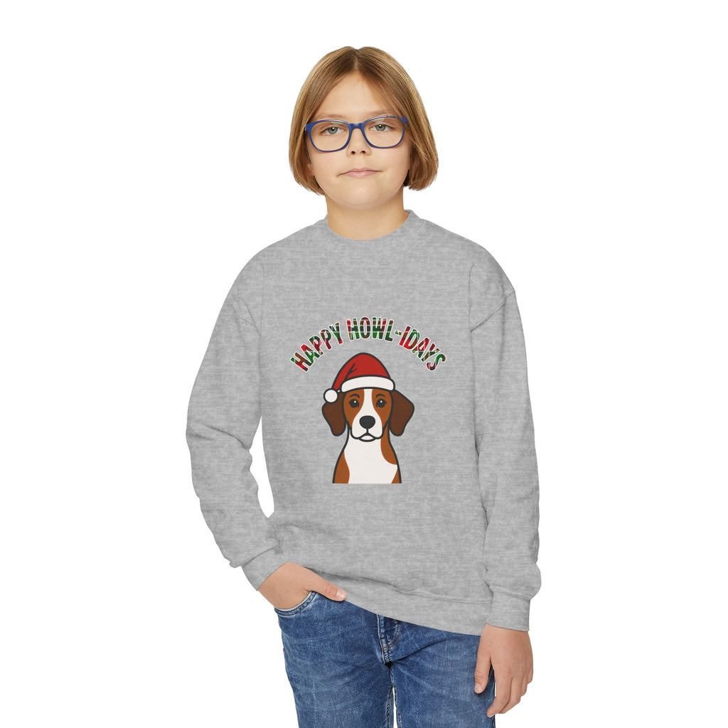 Youth Holiday Crewneck Sweatshirt – “Happy Howl-idays” Dog Santa Design